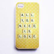 iPhone Case. Vintage Scrabble. All You Need is Love. White Phone Case. iPhone 4 and 4S Accessory. Yellow White Polka Dots. Mothers Day.