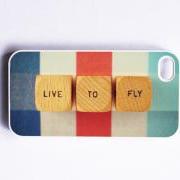 iPhone Case. Live to Fly. Retro Scrabble Wood Blocks. White Case. iPhone 4 and 4S Accessory. Red White Blue. Typography