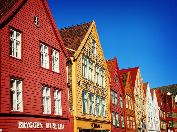 Bergen Vintage Quayside - Old Wharf Bryggen - Bold Red Sunshine Yellow Blue Skies - Travel Photography 8x10
