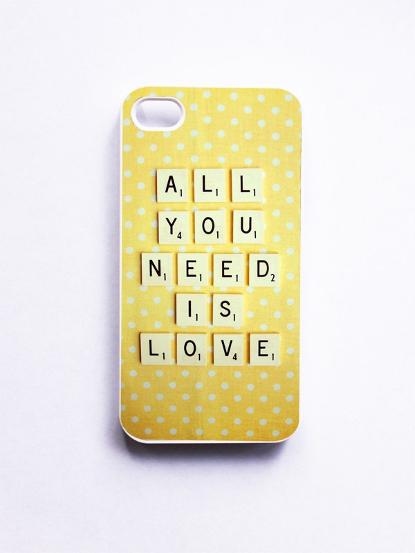 Iphone Case. Vintage Scrabble. All You Need Is Love. White Phone Case. Iphone 4 And 4s Accessory. Yellow White Polka Dots. Mothers Day.